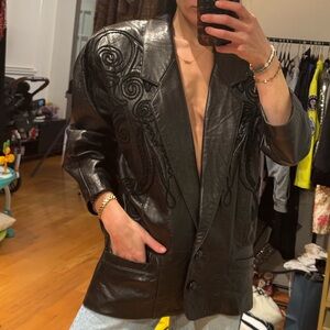 Vintage New Brown Leather Appliqué Blazer Jacket — Oversized 80s